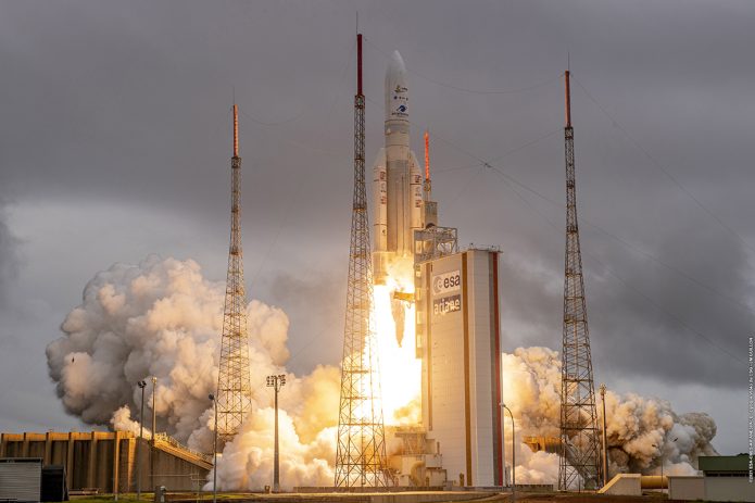 Webb departs Earth on an Ariane 5. Image via Arianespace. Go Webb, go!