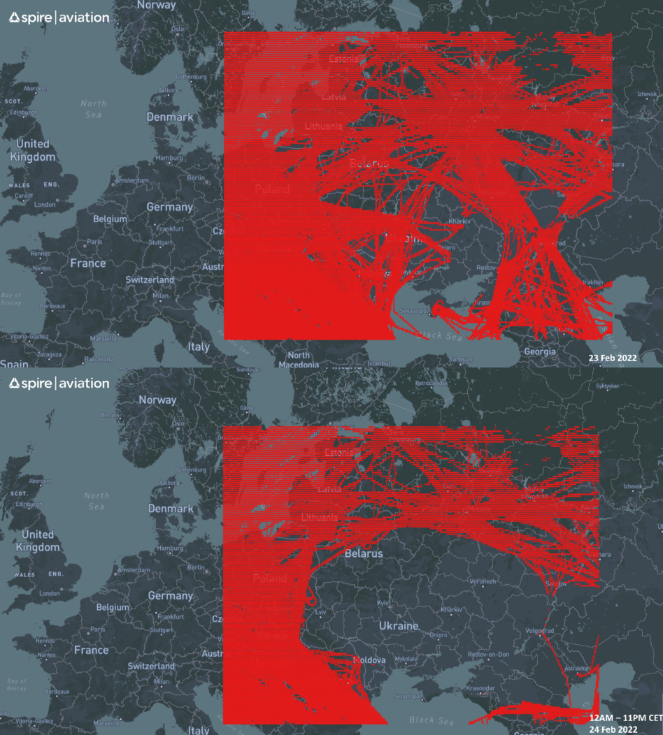 Before-and-after timestamped images from Spire show ADS-B signals from aircraft in Europe, on Feb. 23 vs. 24. Spire images shared with Payload.  