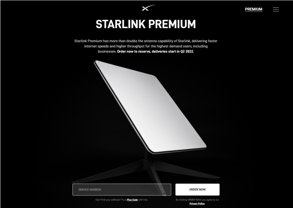 Screenshot of Starlink Premium landing page (via SpaceX)