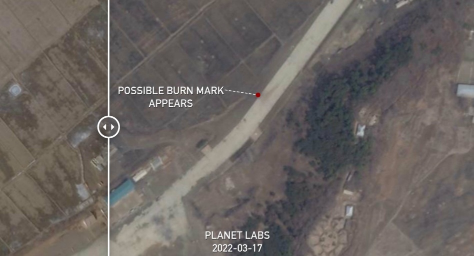A screenshot of NK Pro's before-and-after analysis of Feb. 12 and March 17 Planet satellite imagery overhead a site near Pyongyang. Image via NK Pro.