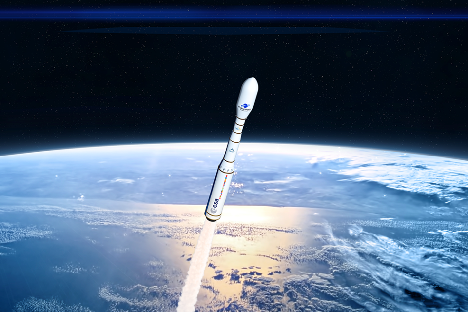 A rendering of a Vega C rocket flying over Earth