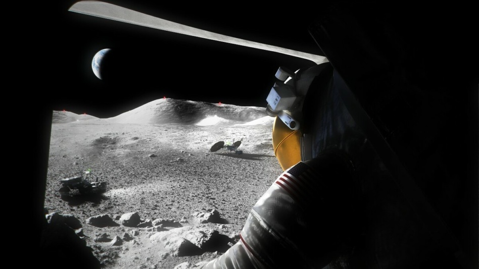 A drawing of an astronaut looking out at the lunar surface.