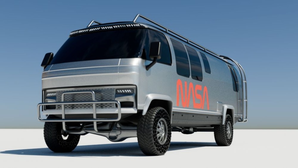 Render of a crew transport vehicle proposal from Oxcart Assembly, Hoonigan Industries, Airstream, IBM, and Red Hat.