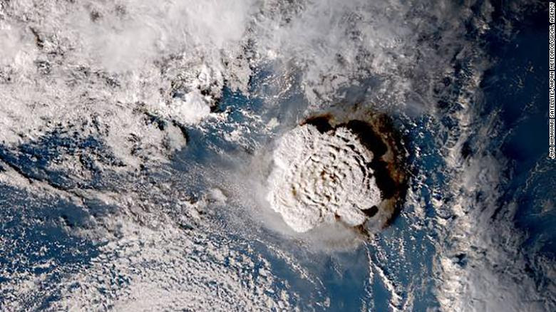 The Hunga Tonga volcano eruption seen from space.