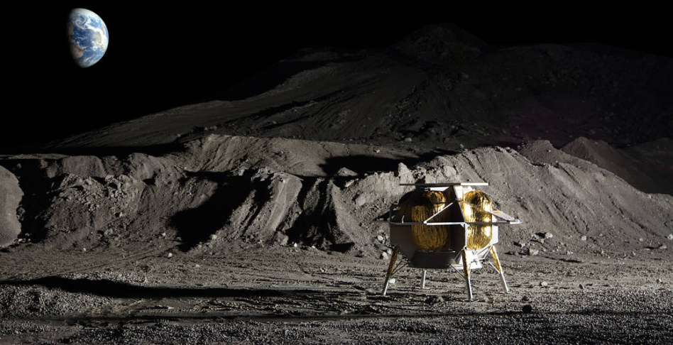 A lander on the surface of the Mono with the Earth in the background