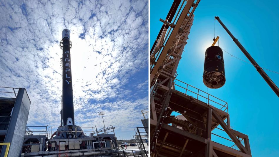 At left: Alpha being prepped for Flight Two at Vandenberg Space Force Base SLC-2. At right: Alpha Stage 2 being hoisted onto the test stand in Briggs, TX, in preparation for acceptance testing. Images: Firefly Aerospace.