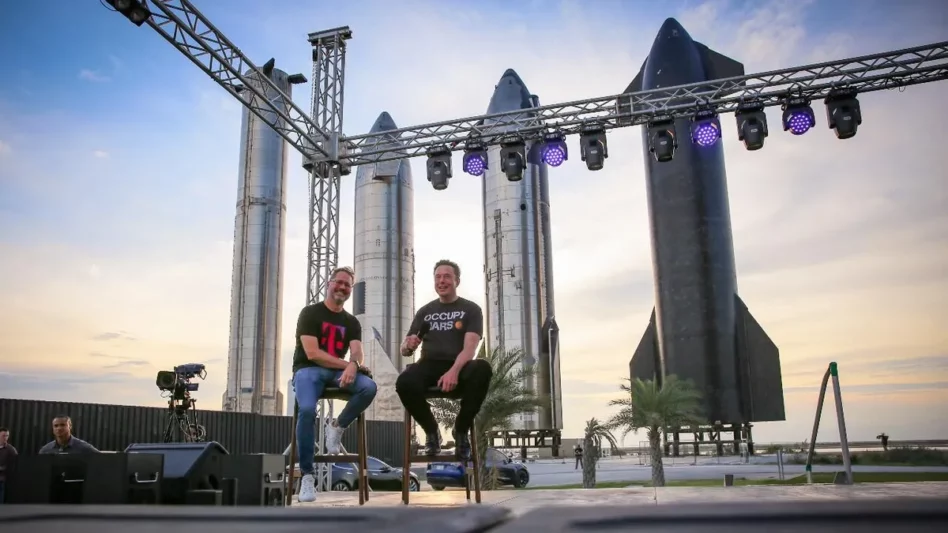 SpaceX CEO Elon Musk and T-Mobile CEO Mike Sievert on-stage at Starbase in Texas