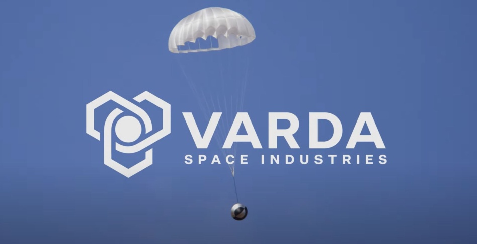 The re-entry capsule and parachute behind the Varda logo