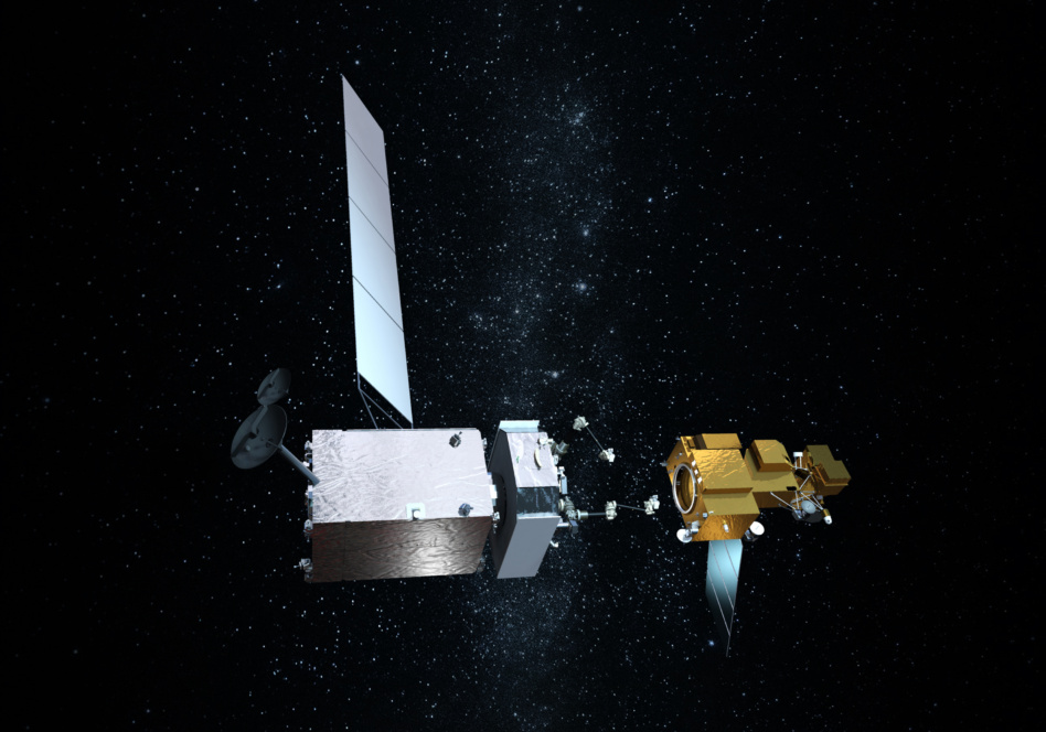 spacecraft approaching satellite in orbit