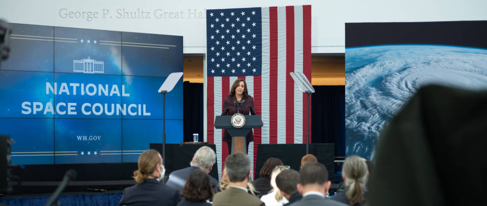 Vice President Kamala Harris delivers remarks at the first meeting of the National Space Council, Wednesday, Dec. 1, 2021