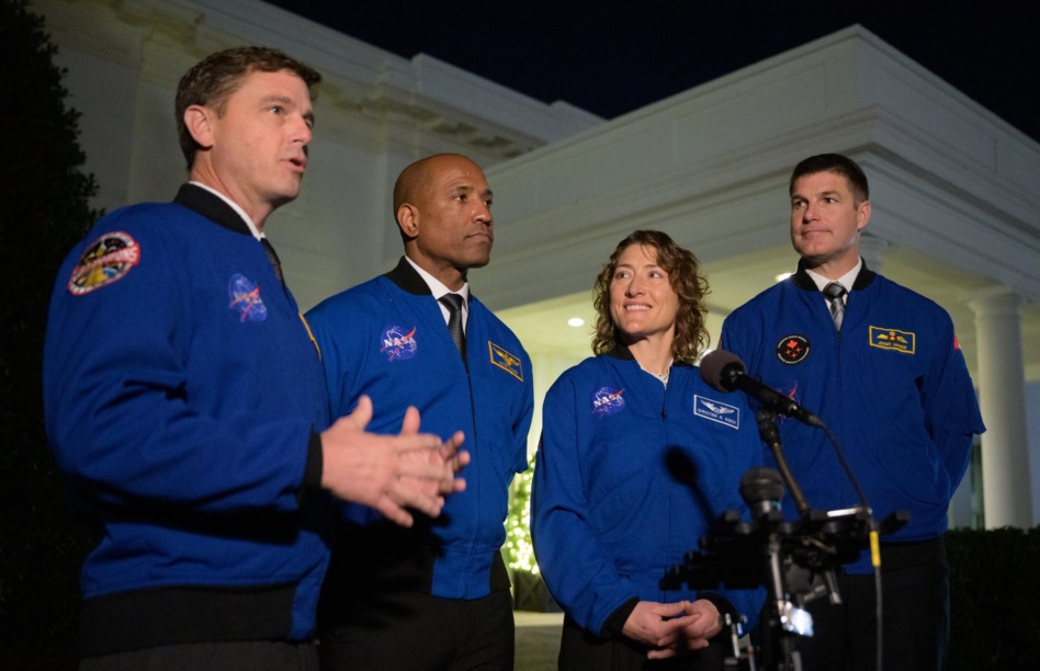 Artemis II crew members: NASA astronauts Reid Wiseman, left, Victor Glover, and Christina Koch, and CSA (Canadian Space Agency) astronaut Jeremy Hansen.
