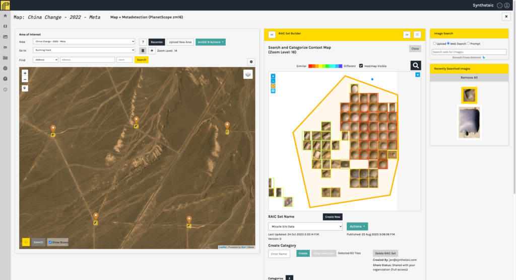 Synthetaic's rapid automatic image categorization (RAIC) detected missile silos within Planet's satellite imagery in a remote desert in Western China using a single seed image. These algorithms can be deployed within minutes. (Screenshot: Planet Labs)
