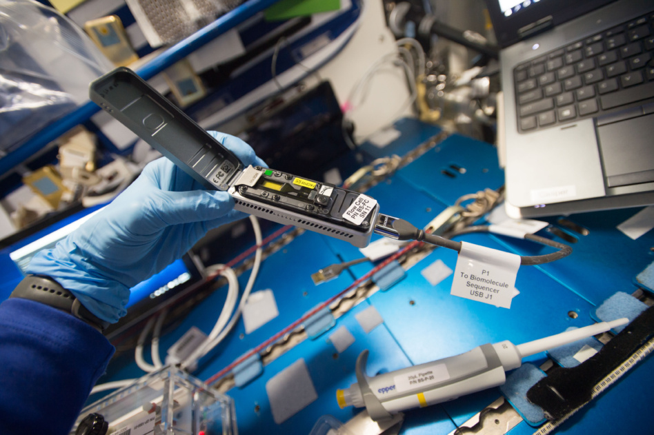 A portable DNA sequencer used in an experiment onboard the ISS. Image: NASA/Peggy Whitson.
