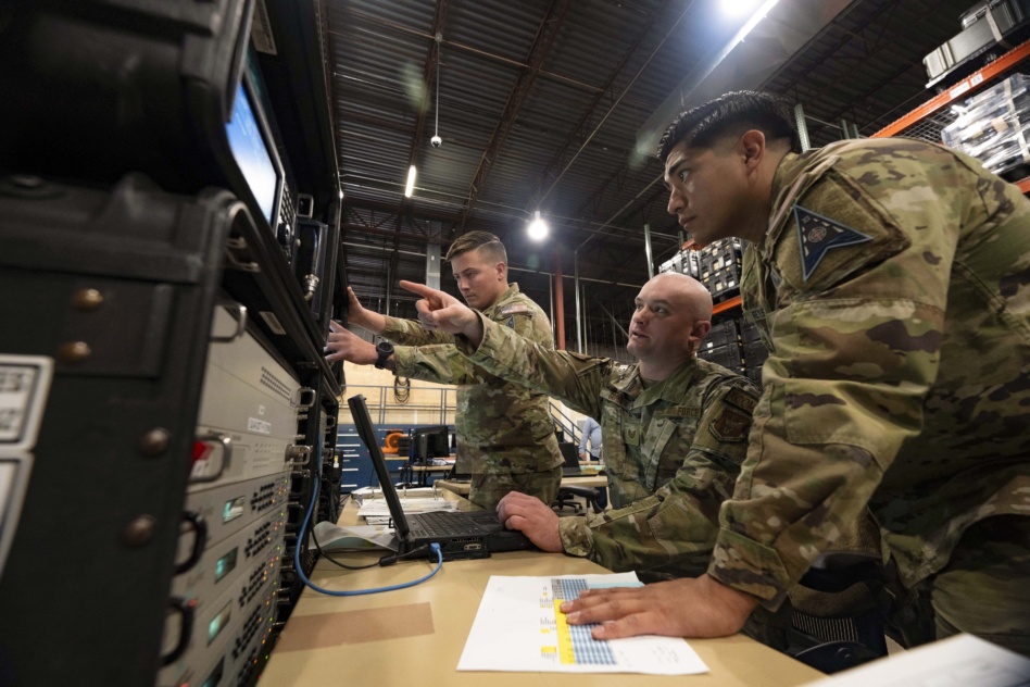 Guardians and airmen conduct a test of the remote modular terminal, a new system for the Space Rapid Capabilities Office, in Colorado Springs, Colo., April 4, 2024. The system is designed to increase the capacity, adaptability and resiliency of the system while keeping guardians out of harm's way. Image: DOD.