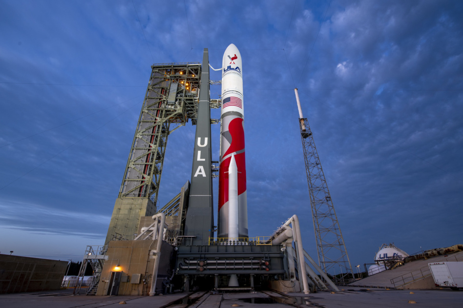 The ULA Vulcan rocket, which flew Cert-1, sits on the pad in Cape Canaveral. Image: ULA