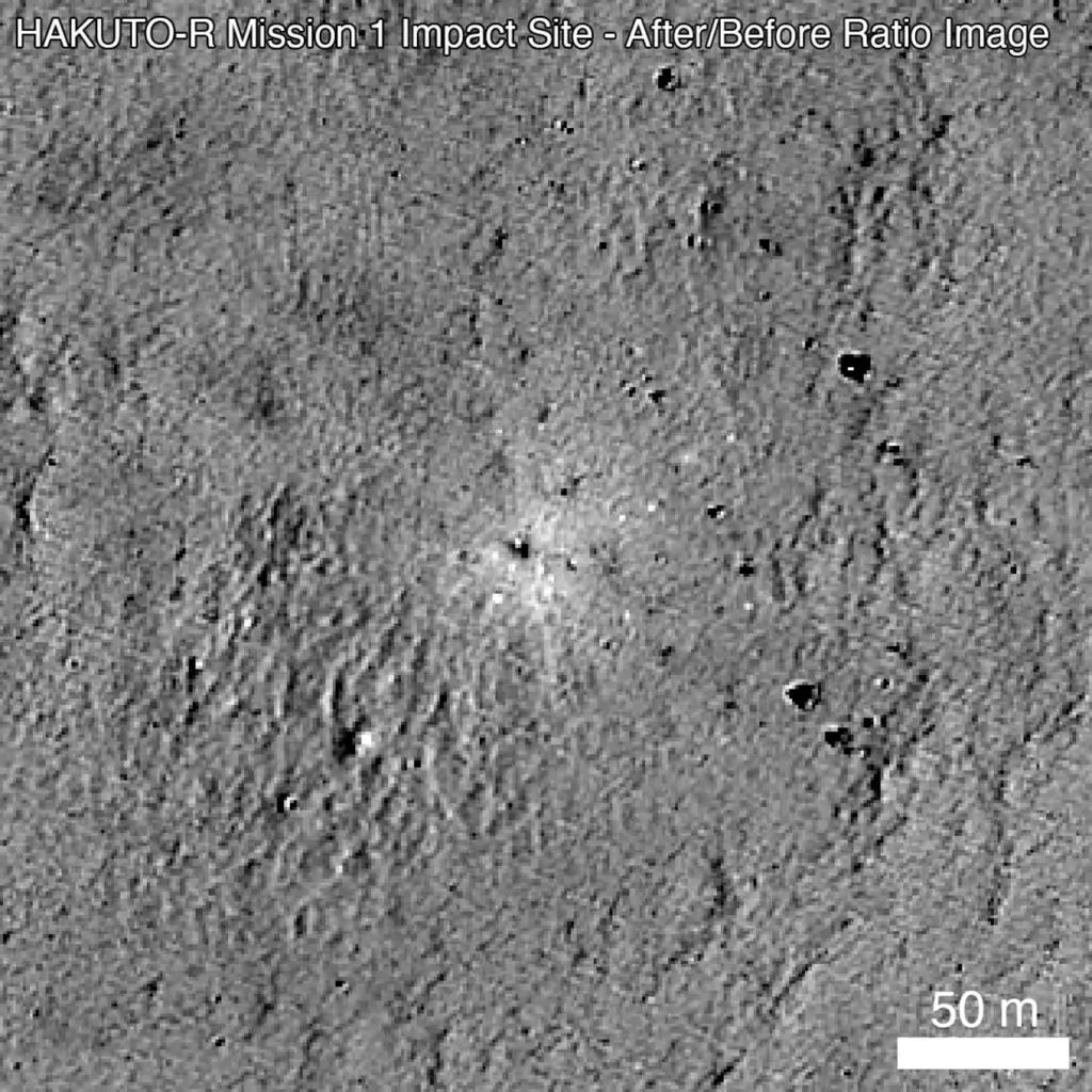 An image captured by NASA's Lunar Reconnaissance Orbiter shows the impact zone of ispace's first Moon lander, in the Atlas Crater. Image: NASA/GSFC/Arizona State University