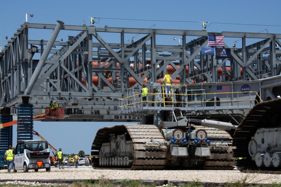 A glimpse of the progress in Bechtel's ML-2 base structure in May, as it moved to its permanent home at KSC. Image: NASA