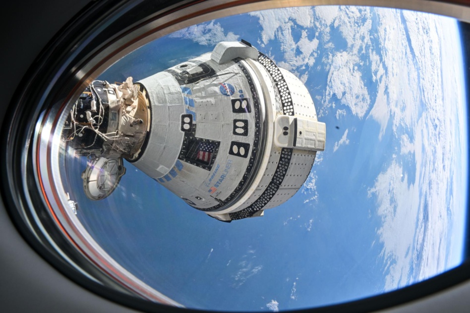 Boeing's Starliner spacecraft is pictured docked to the Harmony module's forward port.