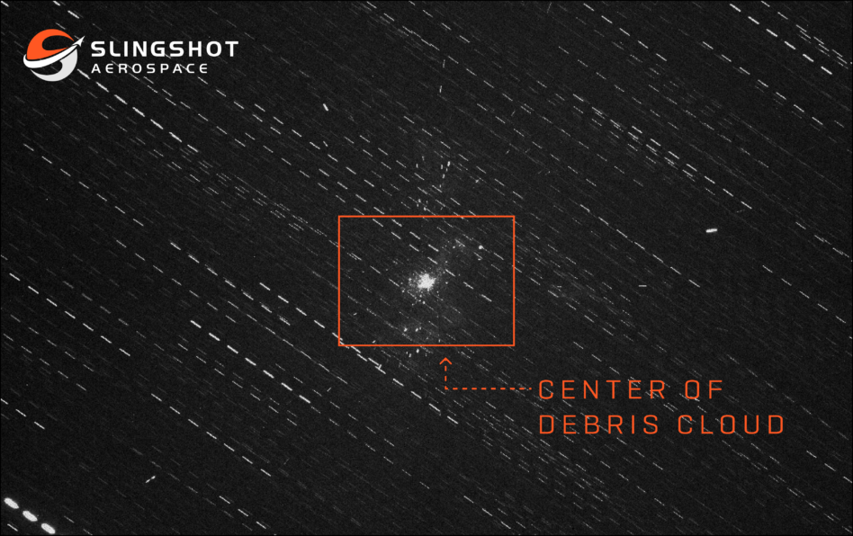 Imagery from Slingshot Aerospace shows the debris cloud caused by the break-up of a used rocket stage. Imagery: Slingshot Aerospace.