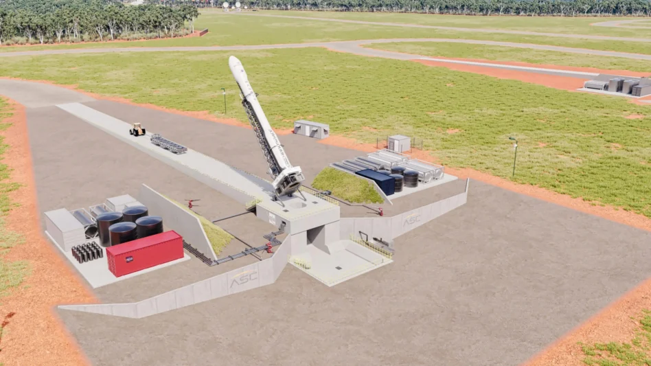 A rendering of INNOSPACE's rocket on the pad at Arnhem Space Centre. Image: ELA