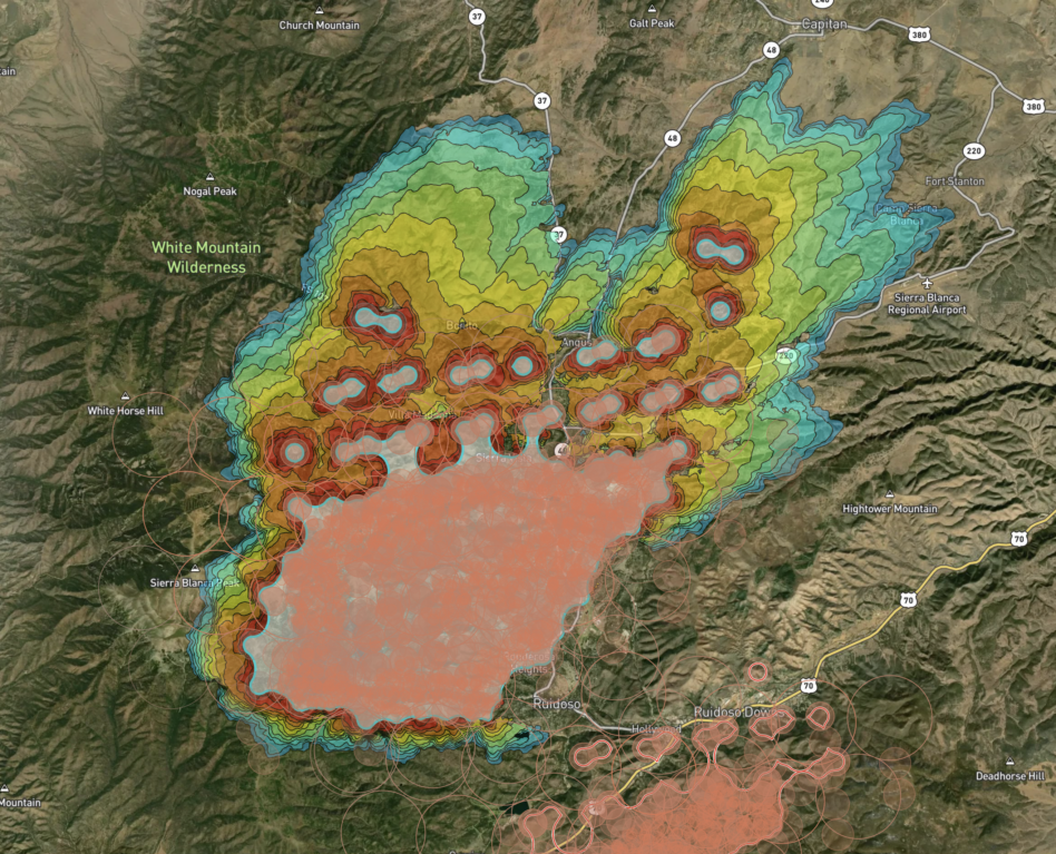 OroraTech imagery over the South Fork Fire near Ruidoso, New Mexico earlier this year, showing the predicted spread of the fires over the next 12 hours. Image: OroraTech