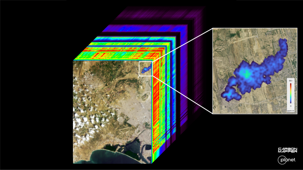 The "data cube" that visualizes a methane plume above a landfill in Pakistan. Image: Carbon Mapper/Planet Labs.