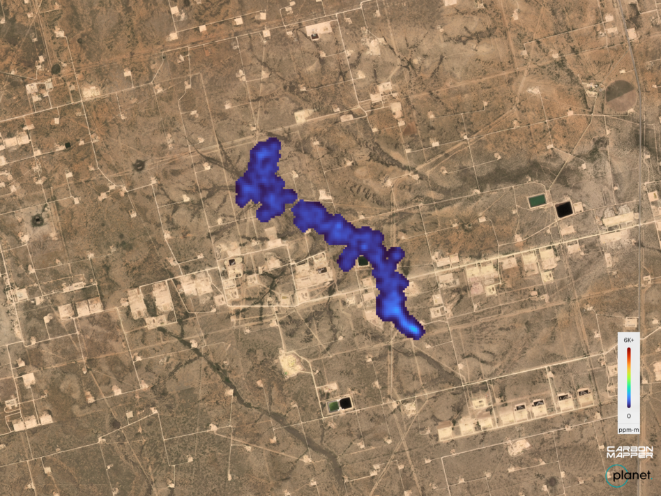 A plume of methane detected at an individual oil and gas operation in the Texas Permian Basin on September 24, 2024. Carbon Mapper’s preliminary estimate of the emission rate is 400 kg CH4/h. Image: Carbon Mapper/Planet Labs.