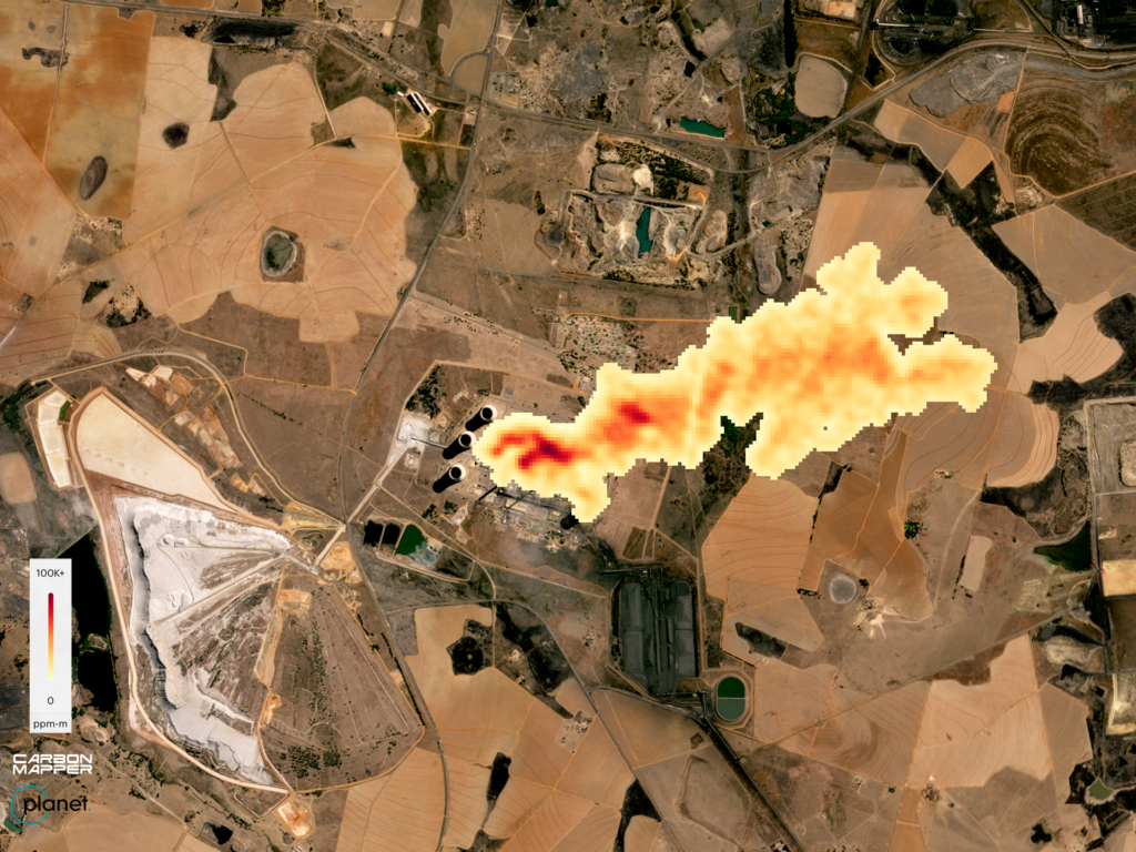 Plume of CO2 detected from a coal-fired power plant in Kendal, South Africa on September 19, 2024.
Carbon Mapper’s preliminary estimate of the emission rate is 600,000 kg CO2 /h. Image: Carbon Mapper/Planet Labs.