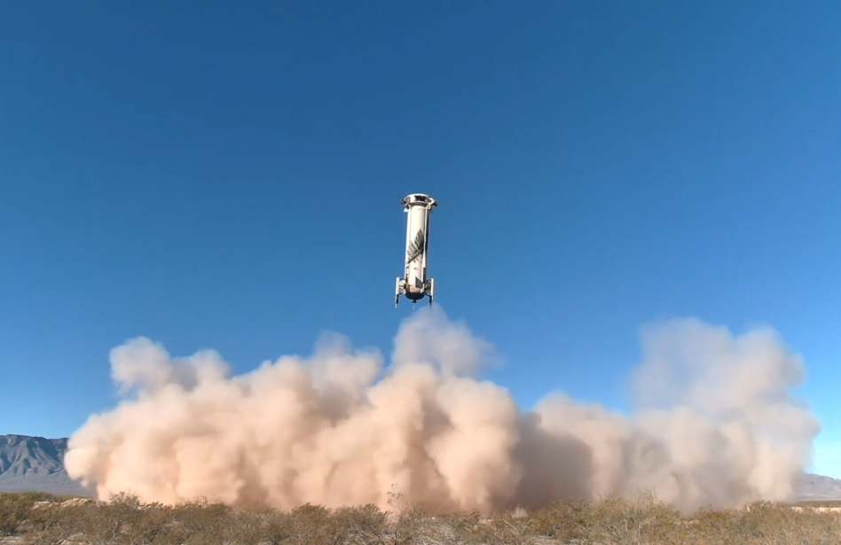 The reusable New Shepard booster that launched the company's 28th mission returns safely to Earth last week. Image: Blue Origin.