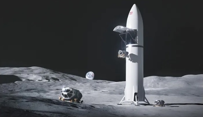 A rendering of what Starship might look like dropping off some rovers on the Moon. Image: NASA/SpaceX.