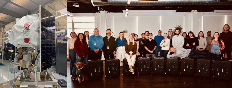 Planet's Pelican-2 (L) and staffers with 36 SuperDoves packed for shipping. Image: Planet Labs.