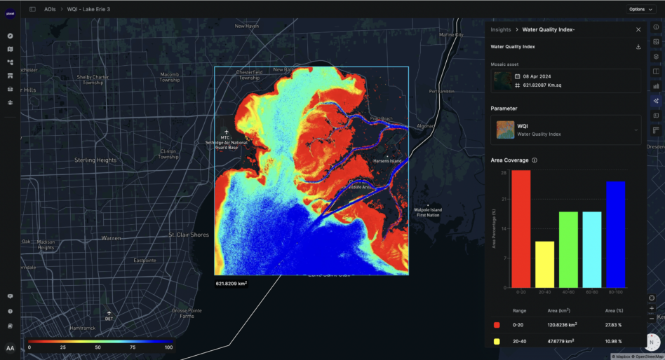 A screenshot of Pixxel's Aurora software displaying water quality data collected from space. Image: Pixxel.