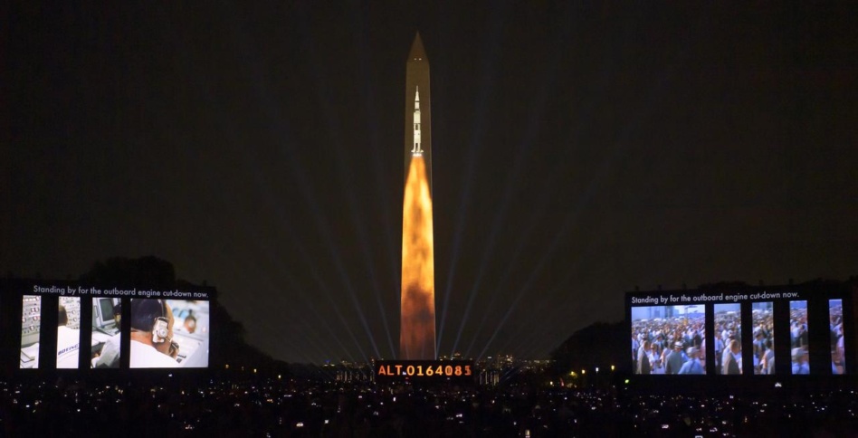 Apollo 11's launch projected on the Washington Monument at a 50th anniversary celebration in 2019. Image: NASA/Bill Ingalls