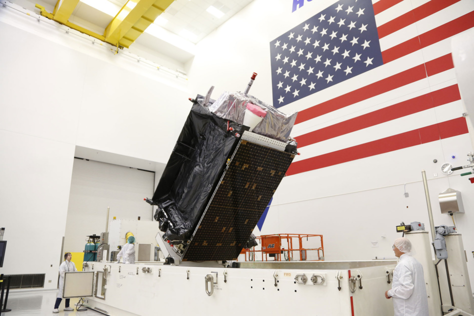GPS-III SV08 is seen before being packed for shipment to Cape Canaveral in April. Image: Lockheed Martin.