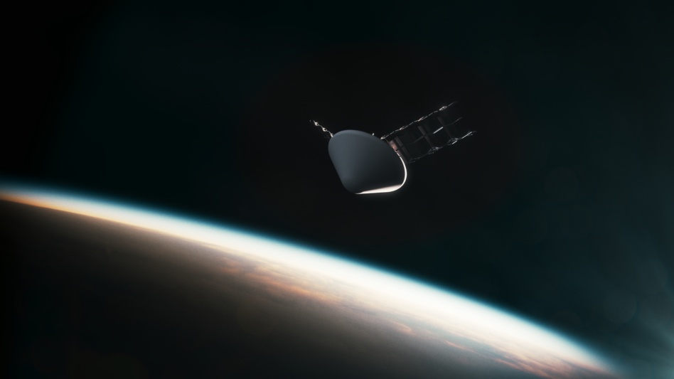 A rendering of Lux Aeterna's mission in space, against a black background with the curve of Earth visible in the distance.