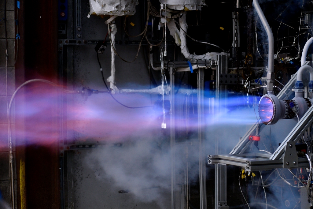 Rocket Propulsion System's Centurion engine fires during combustion chamber testing. Image: Rocket Propulsion Systems.