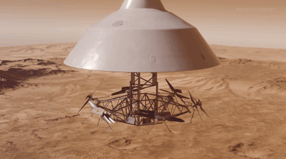 An artist's conception of six helicopters deploying into the Martian atmosphere. Image: AeroVironment.