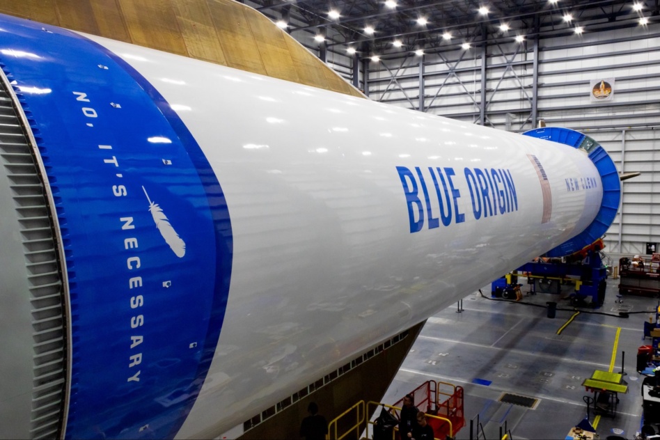 Blue Origin's "No It's Necessary" rocket before heading out to the pad. Image: Blue Origin