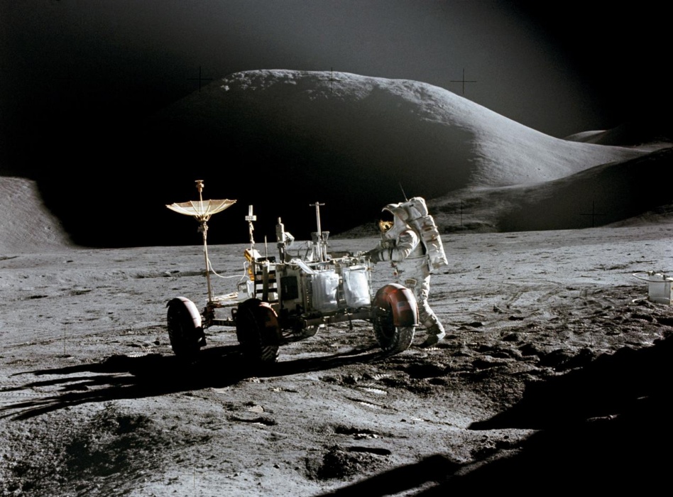 NASA Astronaut James B. Irwin with the Lunar Roving Vehicle on the Moon in 1971. Image: NASA