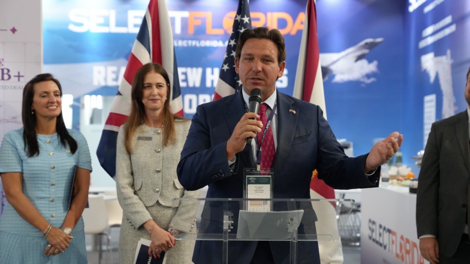 Florida Gov. Ron DeSantis speaks at Farnborough Air Show in the UK. Image: Gov. DeSantis
