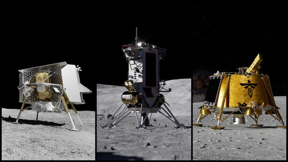 Three artist renderings depict commercial lunar landers from Astrobotic, Intuitive Machines, and Firefly on the Moon. Image: Astrobotic/Intuitive Machines/Firefly